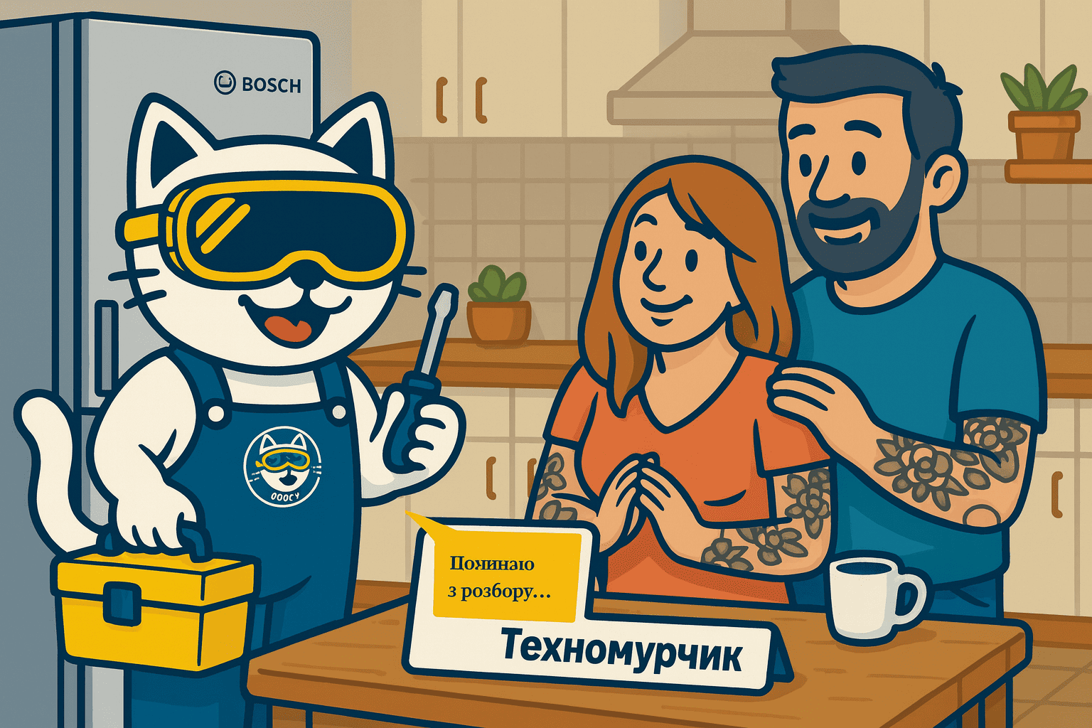 Кіт-майстер Техномурчик у спецодязі та захисних окулярах стоїть з інструментами біля холодильника Bosch на кухні. Поруч — усміхнене подружжя з татуюваннями, на столі табличка «Техномурчик» і напис у хмаринці «Починаю з розбору… і чаю».
