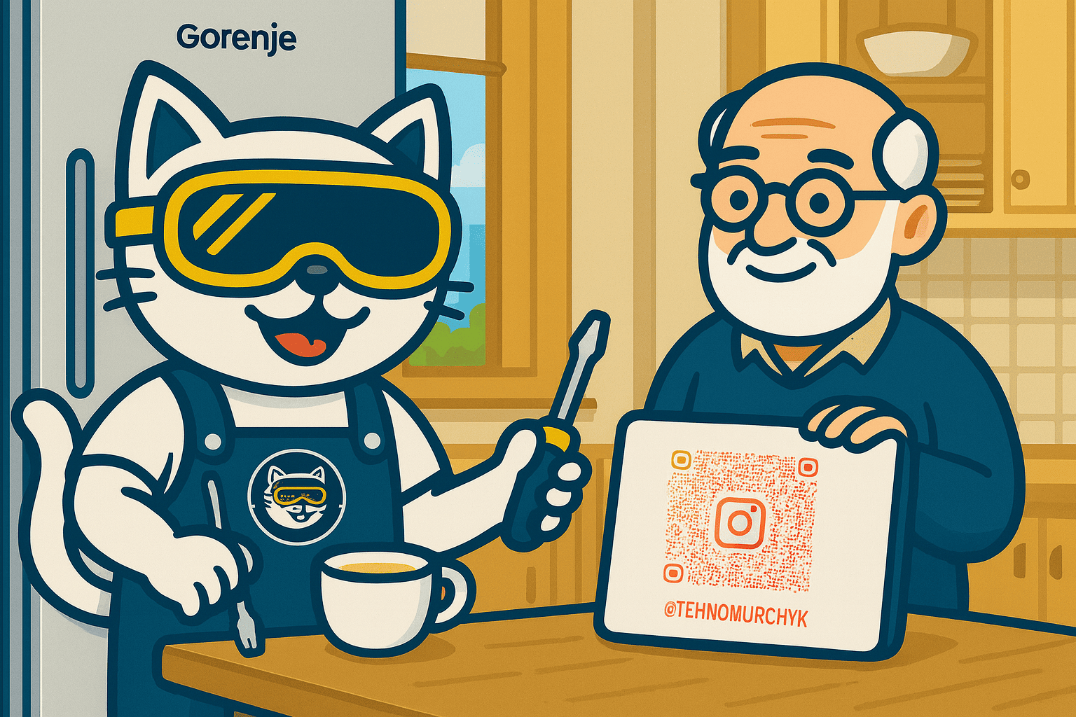 Ремонт холодильників Gorenje — коли стильна європейська техніка потребує надійного майстра Кіт-майстер Техномурчик у захисних окулярах сидить за столом біля холодильника Gorenje з викруткою і чашкою, поруч — літній чоловік тримає планшет з QR-кодом Instagram-акаунта @tehnomurchyk. На фоні — кухня і вікно з видом на природу.
