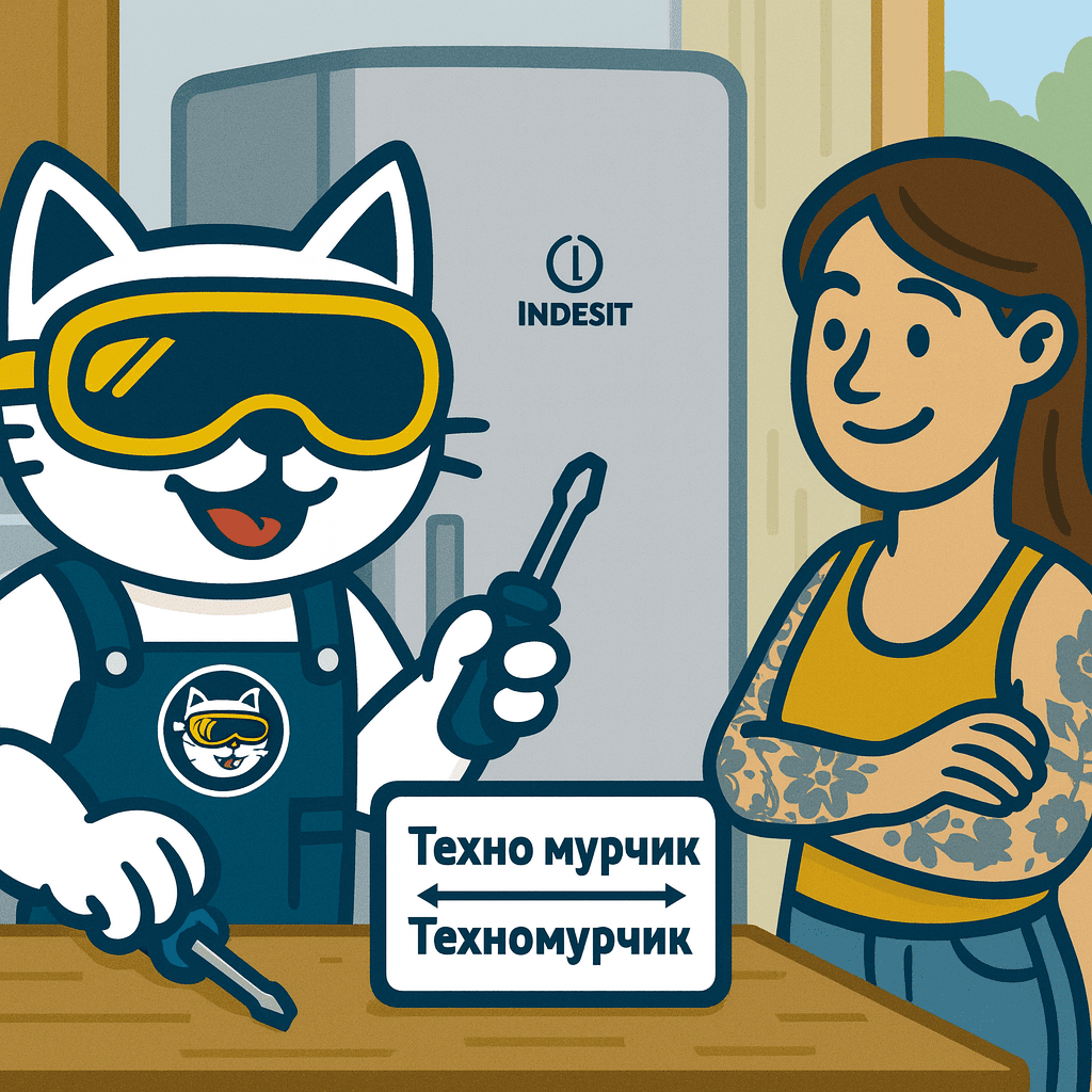 Кот-мастер Техномурчик в защитных очках держит отвертку перед холодильником Indesit и указывает на табличку с надписями «Техно мурчик» ↔ «Техномурчик». Рядом — улыбающаяся женщина с татуировками.