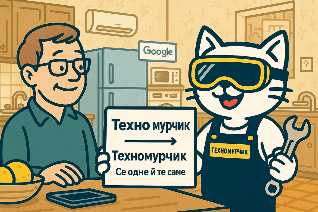 Кіт-майстер Техномурчик тримає табличку з написами 'Техно мурчик' і 'Техномурчик' та стрілкою між ними. На фоні побутова техніка і лупа з логотипом Google.