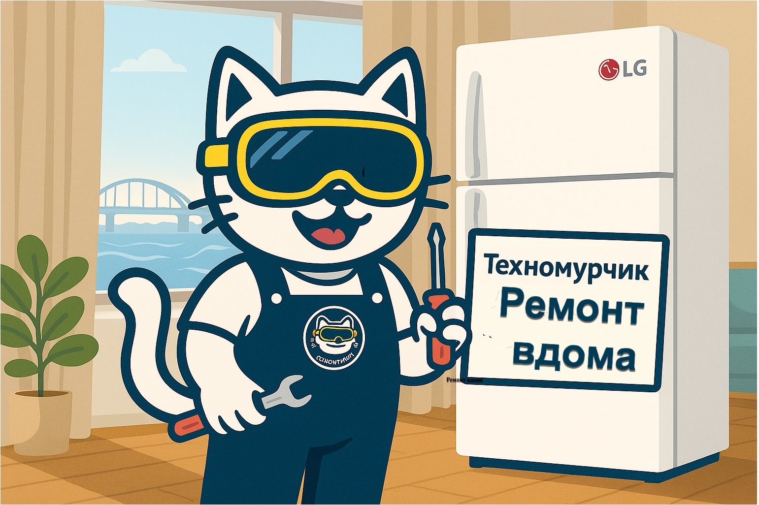 Ремонт холодильників LG — сучасна техніка в надійних руках Кіт-майстер Техномурчик у захисних окулярах і спецформі стоїть з викруткою біля холодильника LG з табличкою «Техномурчик. Ремонт вдома». На фоні — вікно з видом на річку та міст.