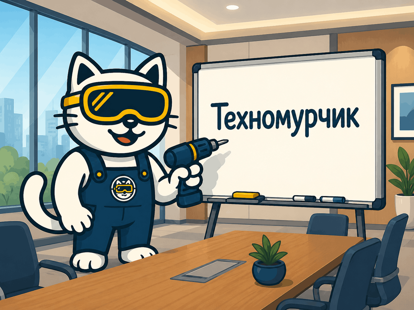 Кот-мастер Техномурчик держит табличку с надписями 'Техно мурчик' и 'Техномурчик' со стрелкой между ними. На фоне бытовая техника и лупа с логотипом Google.