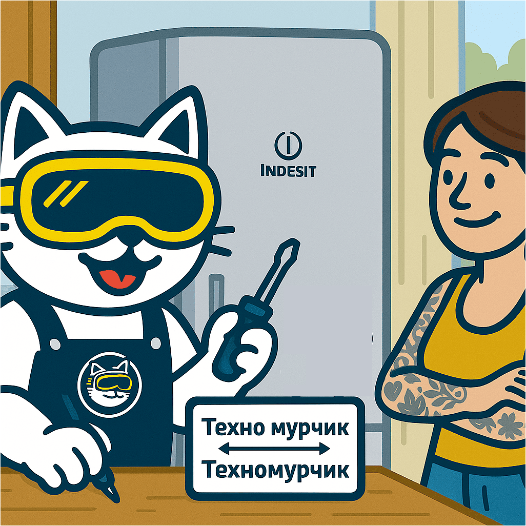 Ремонт холодильников Indesit – будет работать как новый! Кот-мастер Техномурчик в защитных очках держит отвертку перед холодильником Indesit и указывает на табличку с надписями «Техно мурчик» ↔ «Техномурчик». Рядом — улыбающаяся женщина с татуировками.
